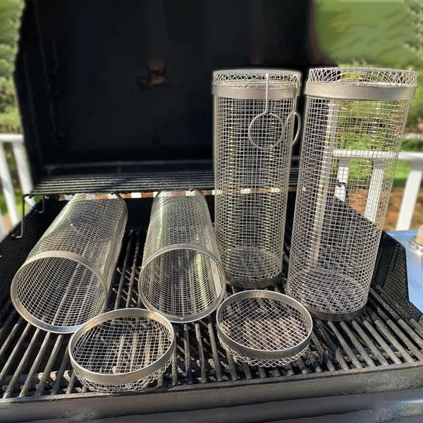 🔥🍖 360° Rolling Grill Basket with Fork – Stainless Steel BBQ Tool 🍴✨