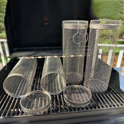 🔥🍖 360° Rolling Grill Basket with Fork – Stainless Steel BBQ Tool 🍴✨