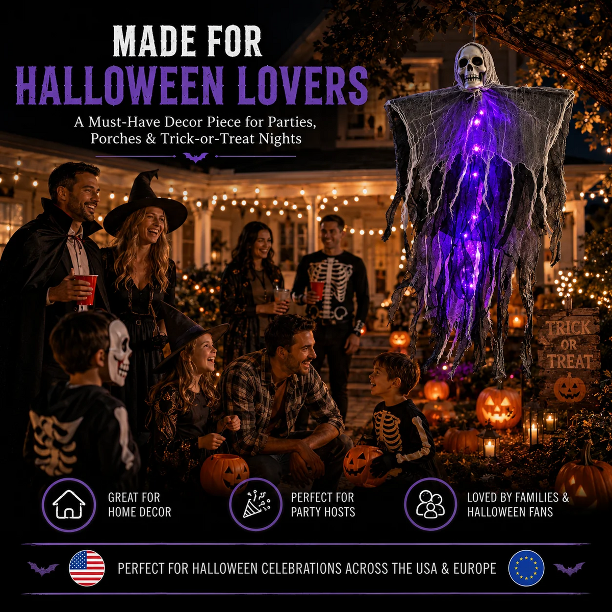 👻 LED Hanging Ghost Halloween Decoration – Glowing Skull & Spooky Gauze