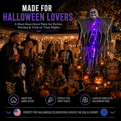 👻 LED Hanging Ghost Halloween Decoration – Glowing Skull & Spooky Gauze