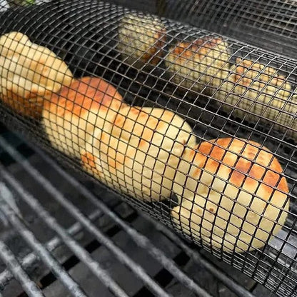 🔥🍖 360° Rolling Grill Basket with Fork – Stainless Steel BBQ Tool 🍴✨
