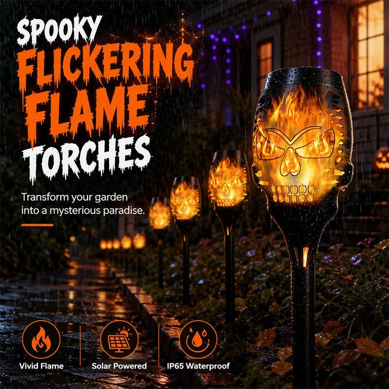 🎃 Solar Skull Flickering Flame Lights – Halloween Garden Torch 4/8 Pack