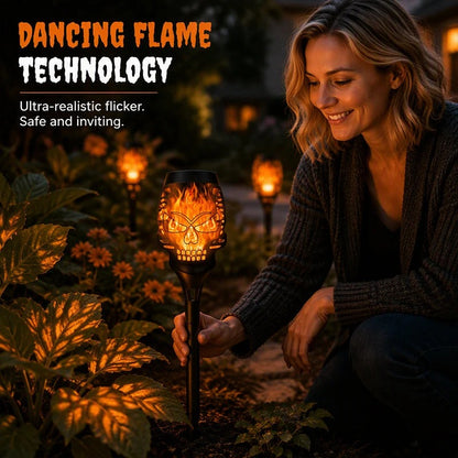 🎃 Solar Skull Flickering Flame Lights – Halloween Garden Torch 4/8 Pack