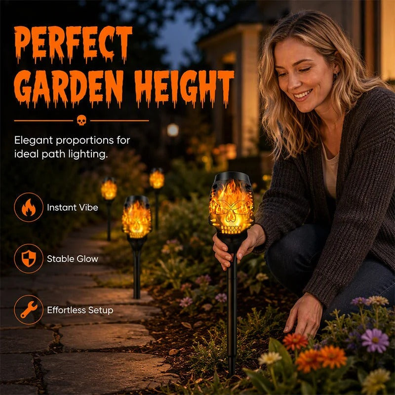 🎃 Solar Skull Flickering Flame Lights – Halloween Garden Torch 4/8 Pack