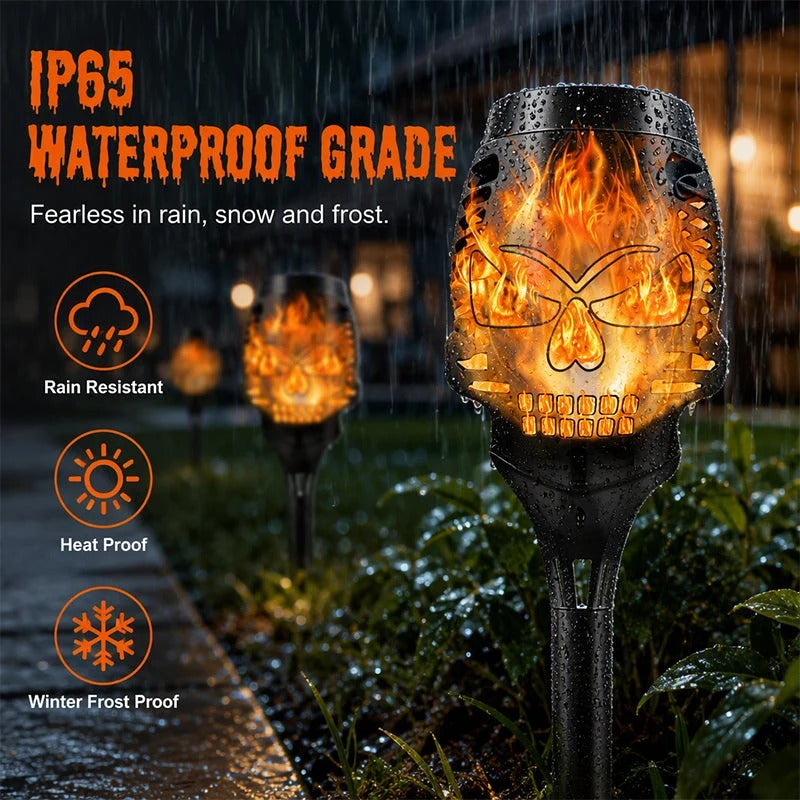 🎃 Solar Skull Flickering Flame Lights – Halloween Garden Torch 4/8 Pack