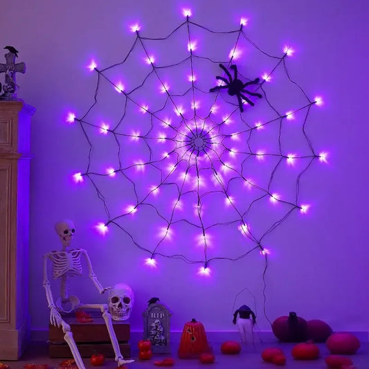 🕷️ Halloween LED Spider Web Lights with Black Spider – 3 Light Colors