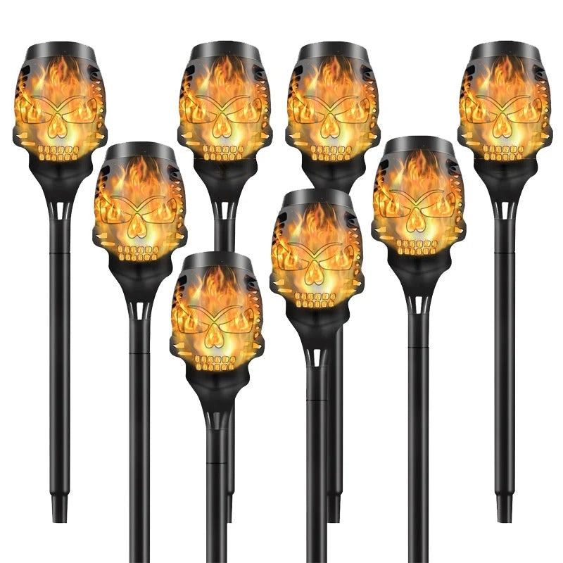 🎃 Solar Skull Flickering Flame Lights – Halloween Garden Torch 4/8 Pack