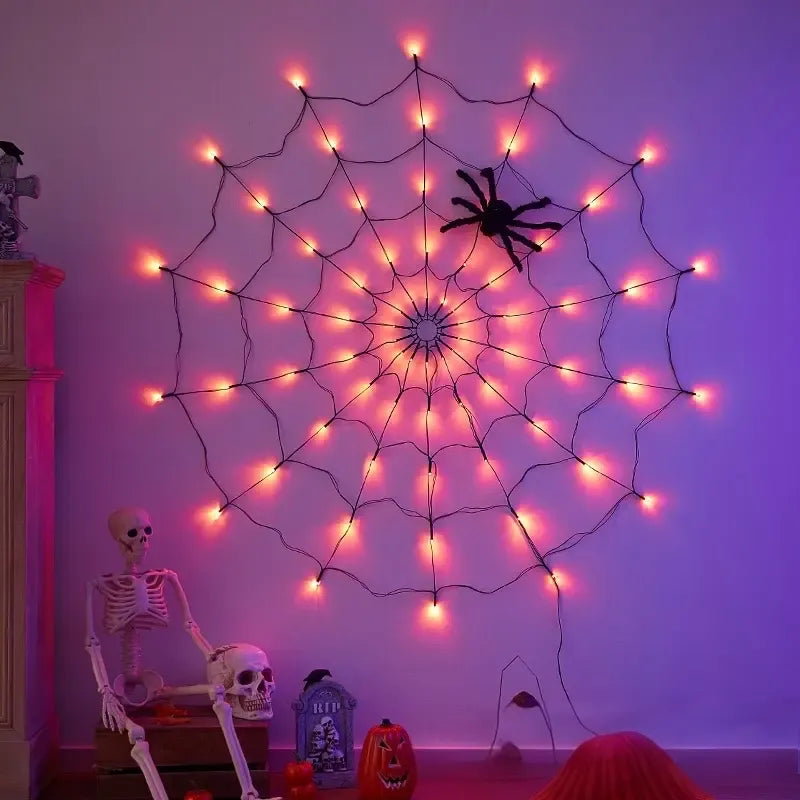 🕷️ Halloween LED Spider Web Lights with Black Spider – 3 Light Colors