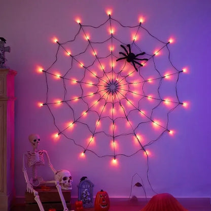 🕷️ Halloween LED Spider Web Lights with Black Spider – 3 Light Colors