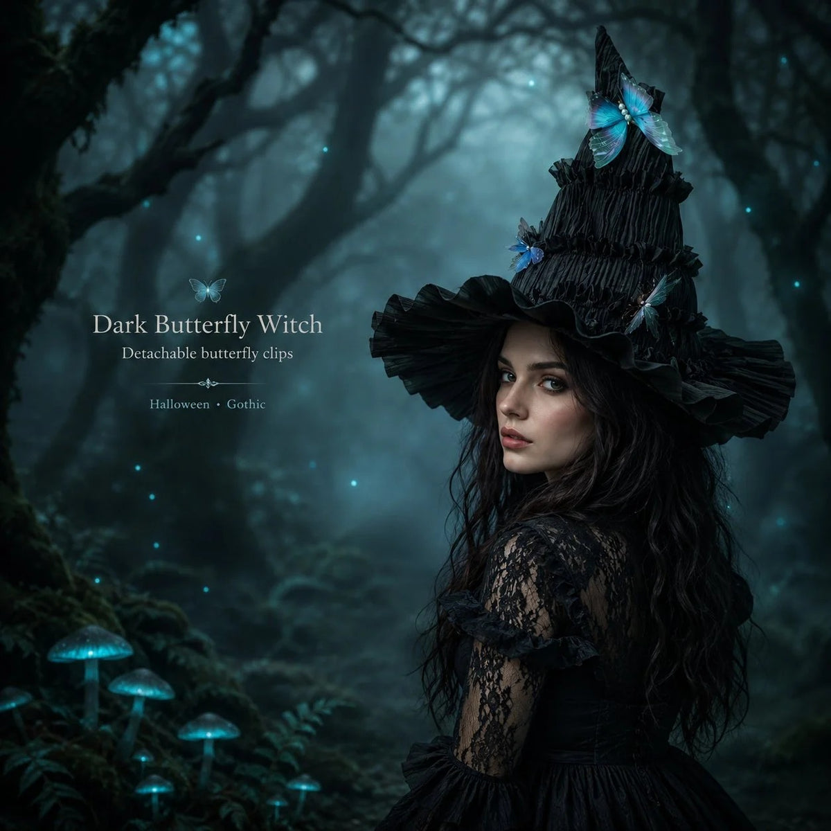 🦋 Gothic Butterfly Witch Hat – Detachable Dark Fantasy Halloween Costume Hat