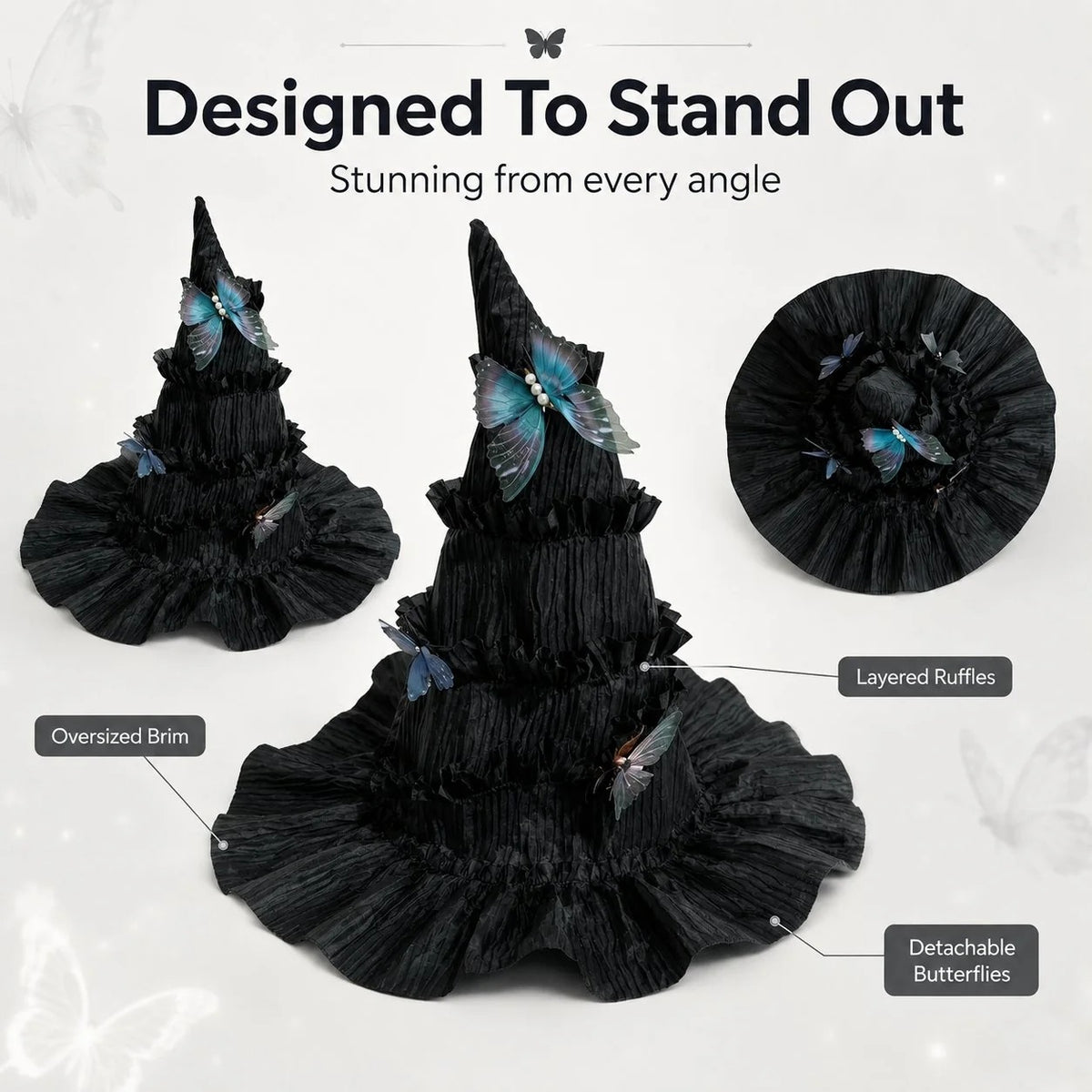 🦋 Gothic Butterfly Witch Hat – Detachable Dark Fantasy Halloween Costume Hat