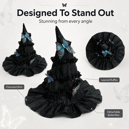 🦋 Gothic Butterfly Witch Hat – Detachable Dark Fantasy Halloween Costume Hat
