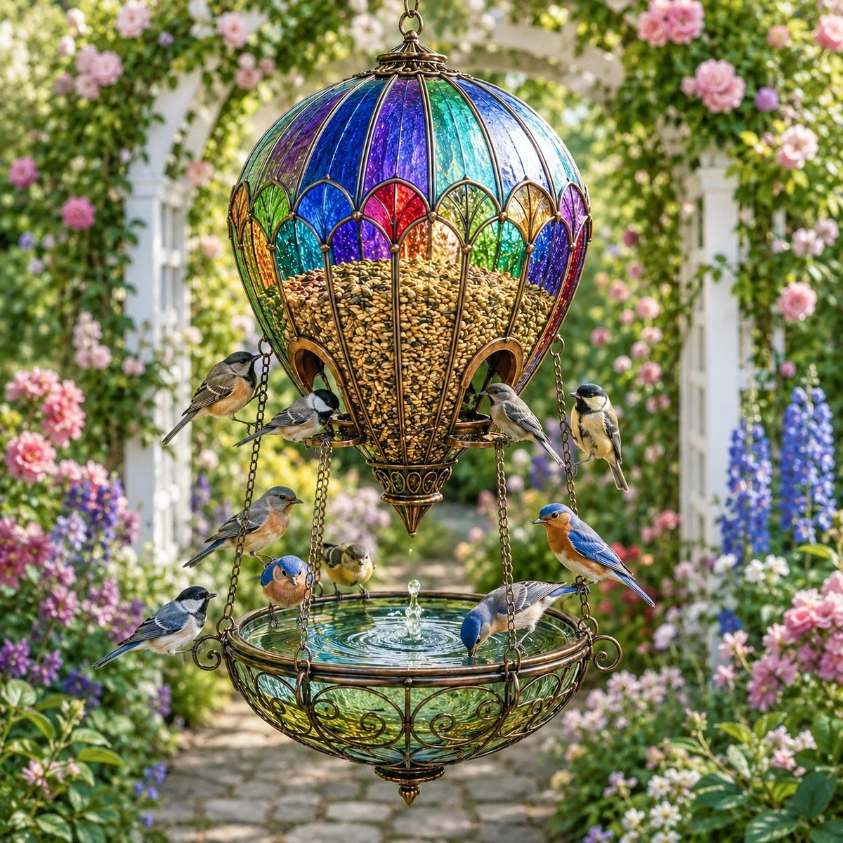 🌈🐦 Stained Glass Hot Air Balloon Bird Feeder & Water Fountain