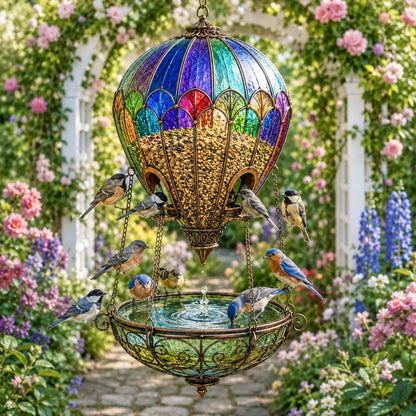🌈🐦 Stained Glass Hot Air Balloon Bird Feeder & Water Fountain