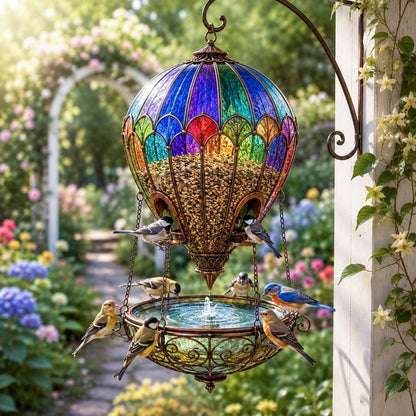 🌈🐦 Stained Glass Hot Air Balloon Bird Feeder & Water Fountain