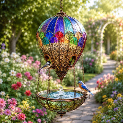 🌈🐦 Stained Glass Hot Air Balloon Bird Feeder & Water Fountain