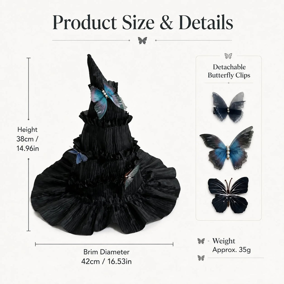 🦋 Gothic Butterfly Witch Hat – Detachable Dark Fantasy Halloween Costume Hat