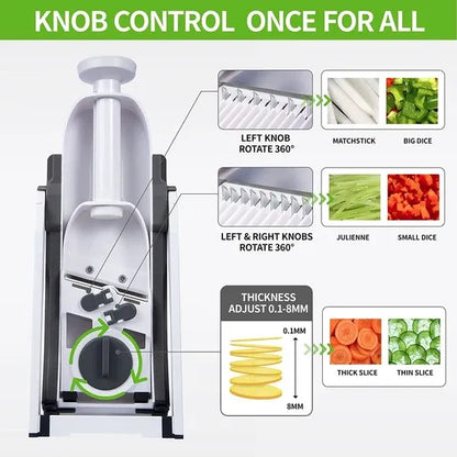🥕🔪 5-in-1 Adjustable Vegetable Slicer – Mandoline Chopper with Safety Guard