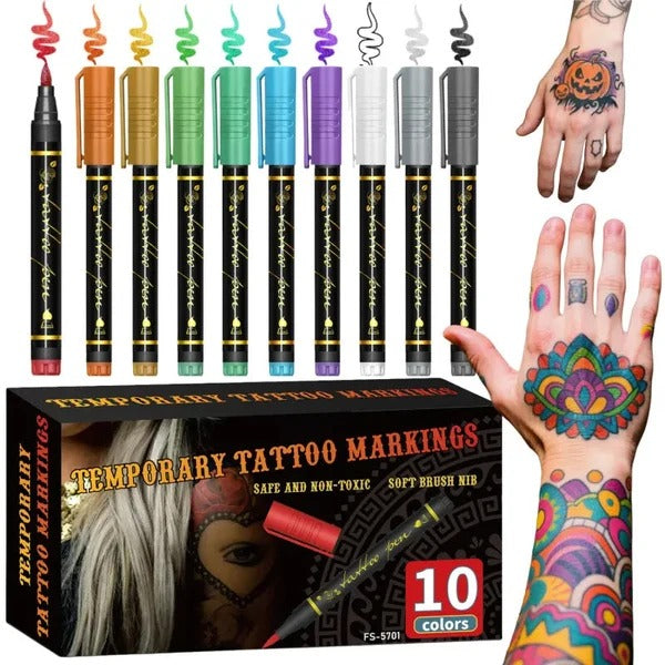 🎨 10-Color Temporary Tattoo Markers – Pearlescent Waterproof Body Art Pens