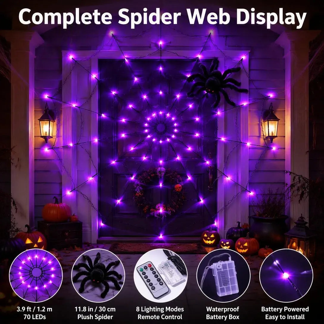 🕷️ Halloween LED Spider Web Lights with Black Spider – 3 Light Colors