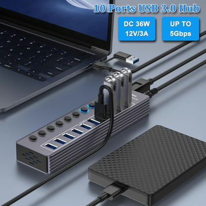 🔌 Powered USB 3.0 Hub – 7/10 Port USB Splitter with LED Switches & Fast Charging