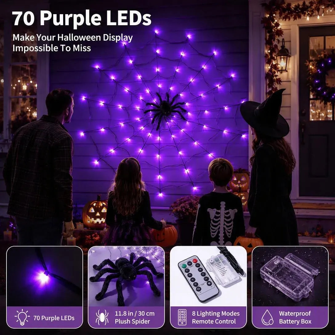 🕷️ Halloween LED Spider Web Lights with Black Spider – 3 Light Colors