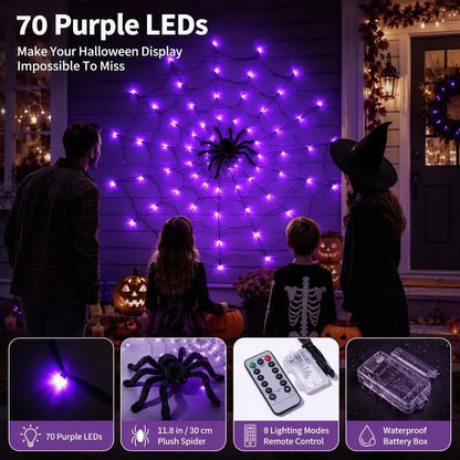 🕷️ Halloween LED Spider Web Lights with Black Spider – 3 Light Colors
