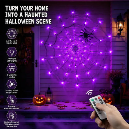 🕷️ Halloween LED Spider Web Lights with Black Spider – 3 Light Colors