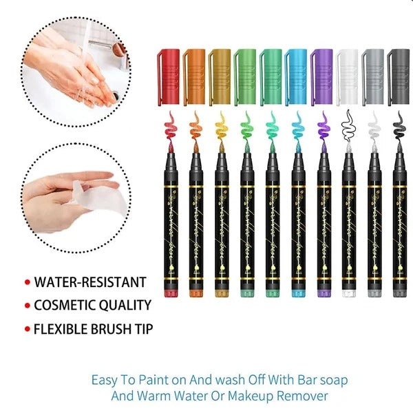🎨 10-Color Temporary Tattoo Markers – Pearlescent Waterproof Body Art Pens