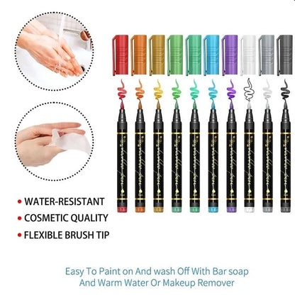 🎨 10-Color Temporary Tattoo Markers – Pearlescent Waterproof Body Art Pens