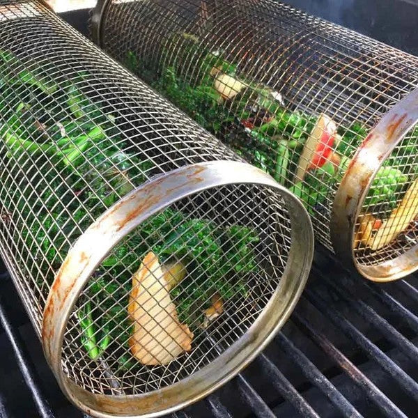 🔥🍖 360° Rolling Grill Basket with Fork – Stainless Steel BBQ Tool 🍴✨