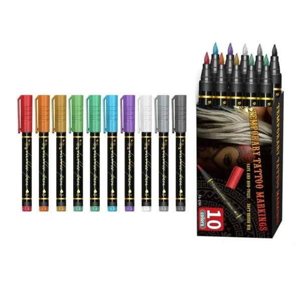 🎨 10-Color Temporary Tattoo Markers – Pearlescent Waterproof Body Art Pens