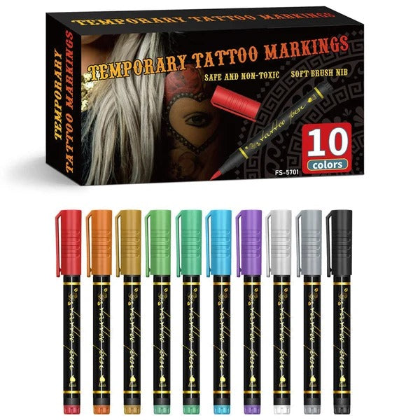 🎨 10-Color Temporary Tattoo Markers – Pearlescent Waterproof Body Art Pens