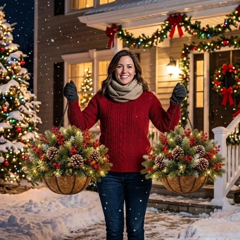 🎄 Last Day 50% OFF✨-🪴Pre-Lit Christmas Hanging Basket for Easy, Weather-Resistant Holiday Decor ✨