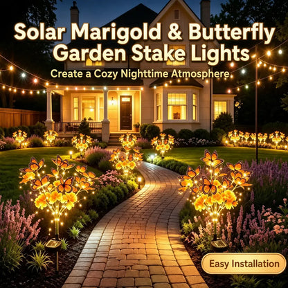 🌼🦋 Solar Marigold Flower Garden Lights with Butterfly Accents