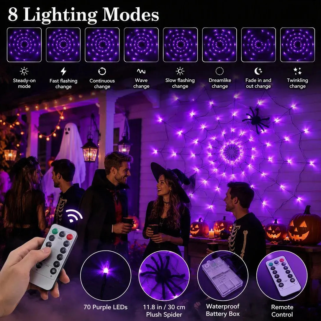 🕷️ Halloween LED Spider Web Lights with Black Spider – 3 Light Colors