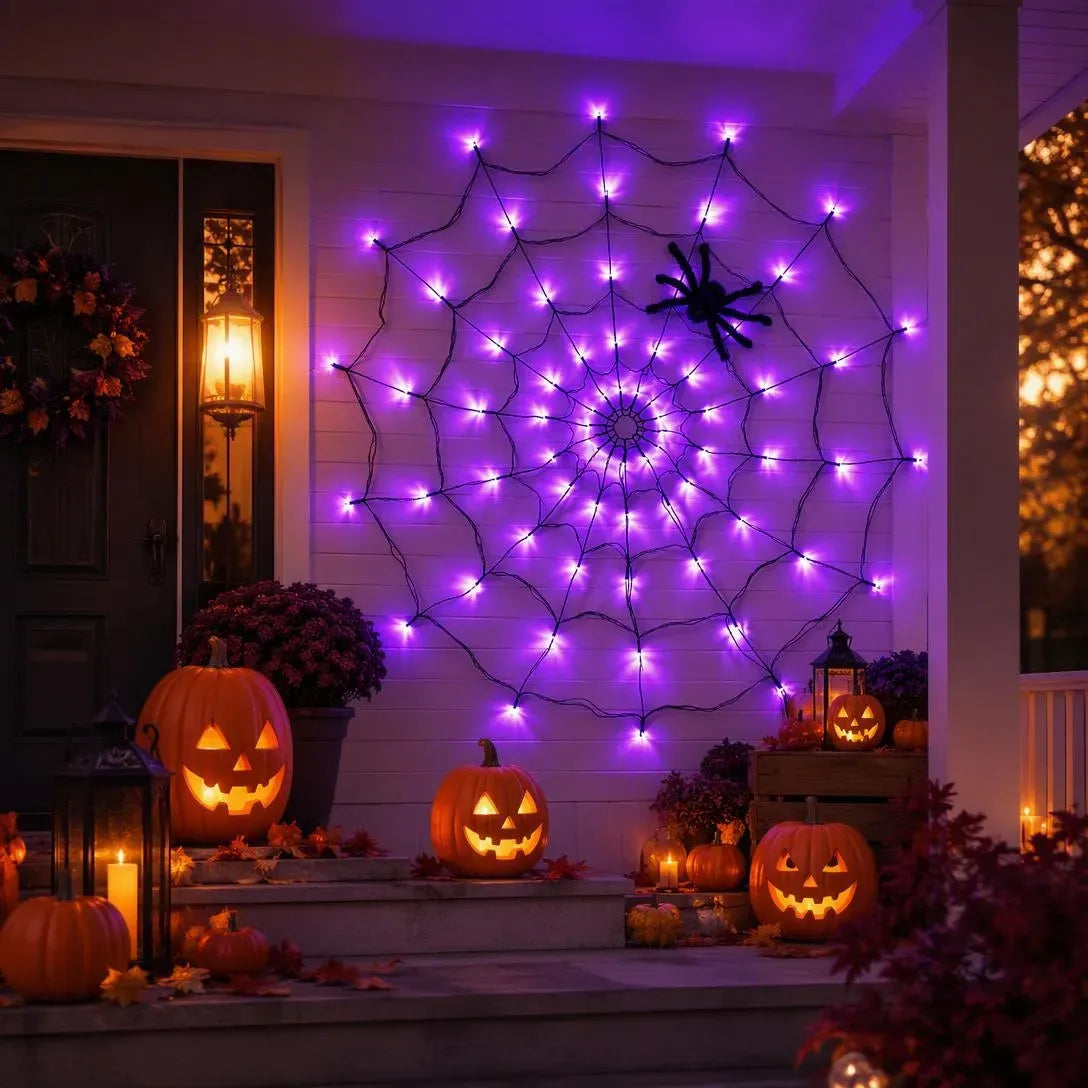 🕷️ Halloween LED Spider Web Lights with Black Spider – 3 Light Colors