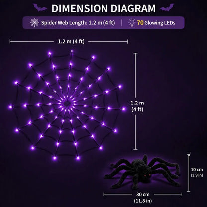🕷️ Halloween LED Spider Web Lights with Black Spider – 3 Light Colors