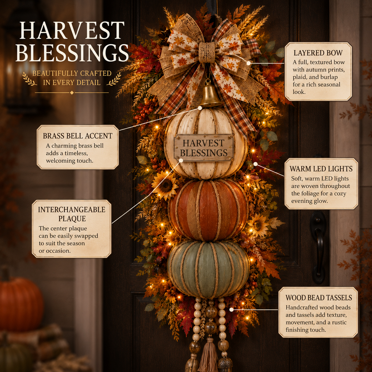 🎁 Last Day 50% OFF✨-🎄Lighted Stacked Pumpkin Fall Door Decorfor Cozy Autumn Home Entryway Charm 🍂