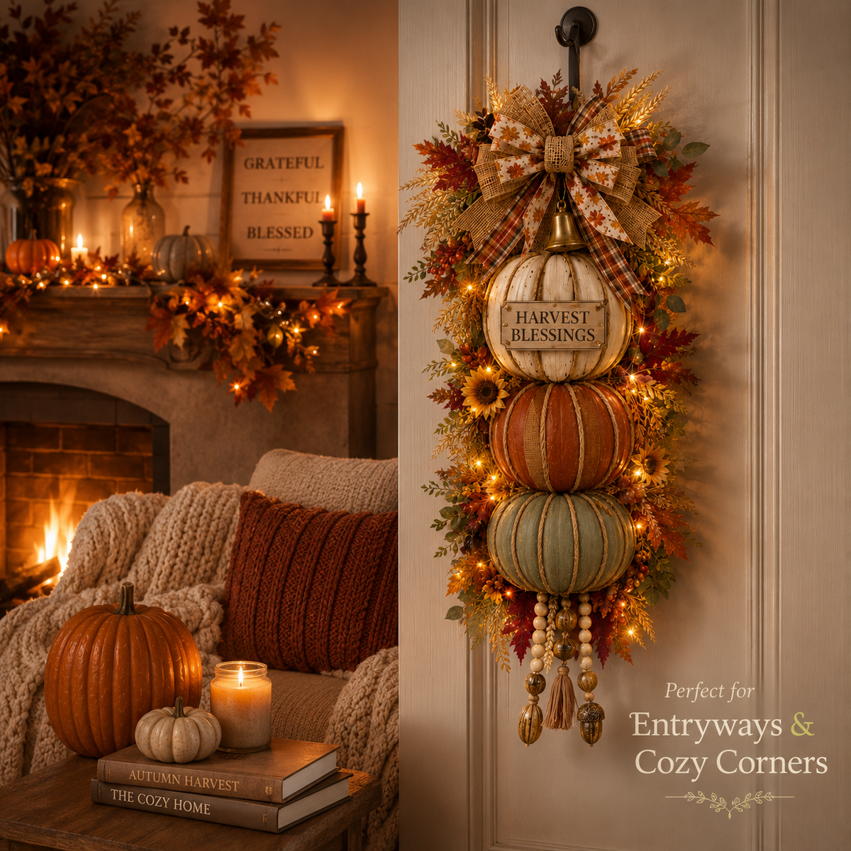🎁 Last Day 50% OFF✨-🎄Lighted Stacked Pumpkin Fall Door Decorfor Cozy Autumn Home Entryway Charm 🍂