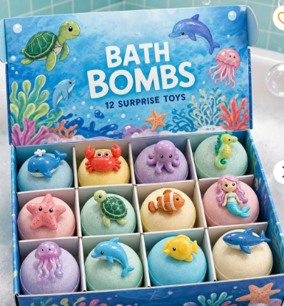Kids Ocean Bath Bombs with Surprise Sea Animal Toys, Natural Fizzy Bath Bomb Set, Birthday/Christmas Gift for Kids