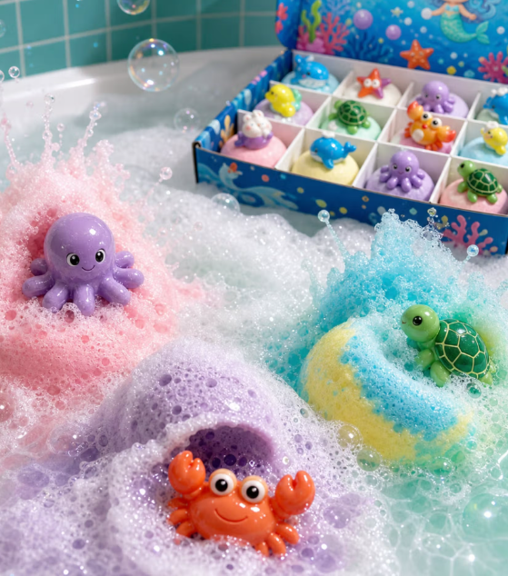 Kids Ocean Bath Bombs with Surprise Sea Animal Toys, Natural Fizzy Bath Bomb Set, Birthday/Christmas Gift for Kids
