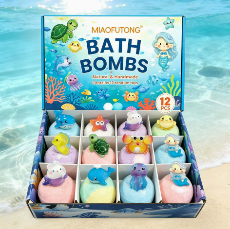 Kids Ocean Bath Bombs with Surprise Sea Animal Toys, Natural Fizzy Bath Bomb Set, Birthday/Christmas Gift for Kids