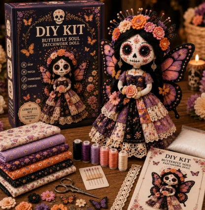 Day Of The Dead Patchwork   Doll DIY Sewing Kit -   Handmade Fabric Doll Craft   Kit With Floral Details