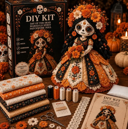 Day Of The Dead Patchwork   Doll DIY Sewing Kit -   Handmade Fabric Doll Craft   Kit With Floral Details