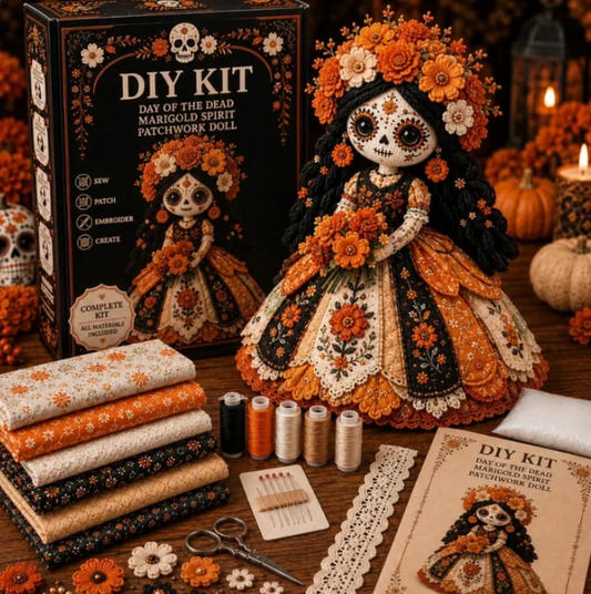 Day Of The Dead Patchwork   Doll DIY Sewing Kit -   Handmade Fabric Doll Craft   Kit With Floral Details