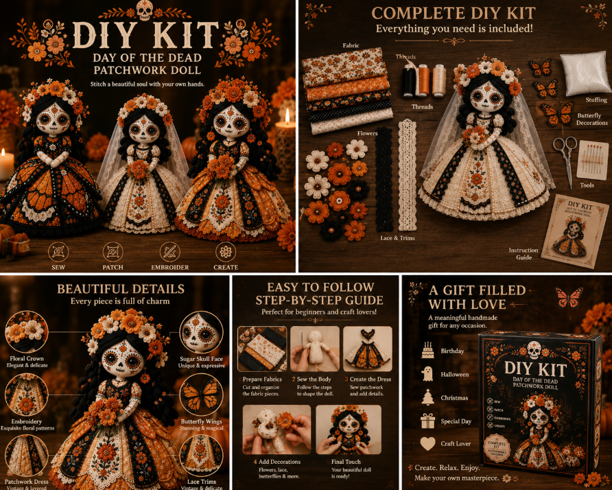Day Of The Dead Patchwork   Doll DIY Sewing Kit -   Handmade Fabric Doll Craft   Kit With Floral Details