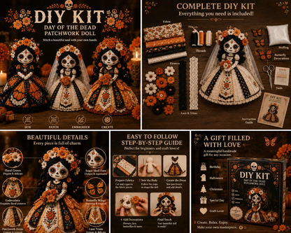 Day Of The Dead Patchwork   Doll DIY Sewing Kit -   Handmade Fabric Doll Craft   Kit With Floral Details