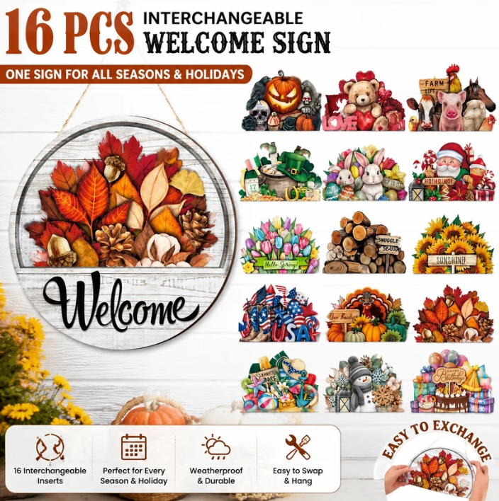 🌸 16Pcs Interchangeable Welcome Sign for Beautiful Front Door Decor ✨