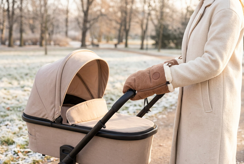 Parent using stroller handlebar mitts during a winter park walk